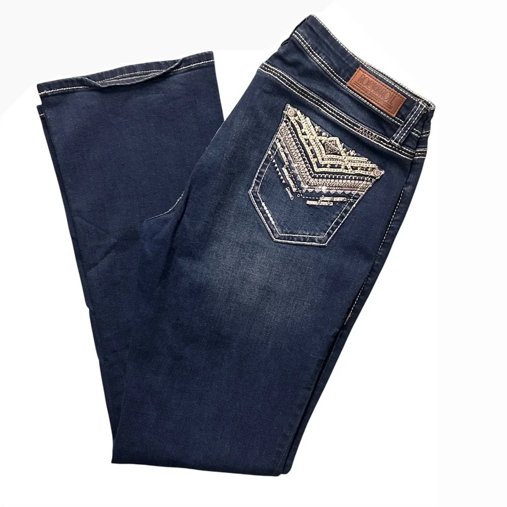RockRoll Y2K Cowgirl Rival Boot cut Jeans Embellished Pockets 33x34 DarkWash - Picture 8 of 8